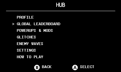 The game's hub menu, showing profile, global leaderboard, powerups and mods, glitches and enemy waves